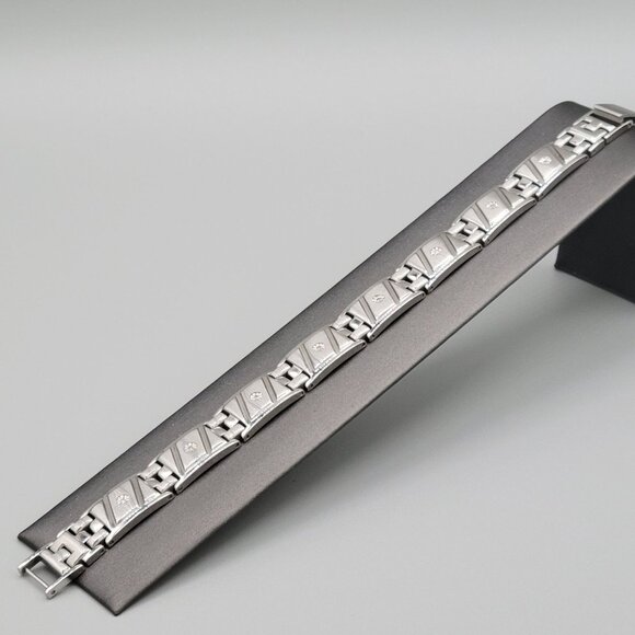 Mens Link Bracelet 10k HDS Diamond Accents Stainless Steel Fold Over Clasp - Picture 1 of 9